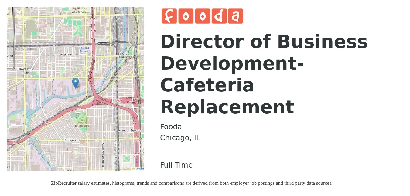Fooda job posting for a Director of Business Development-Cafeteria Replacement in Chicago, IL with a salary of $115,000 to $125,000 Yearly with a map of Chicago location.