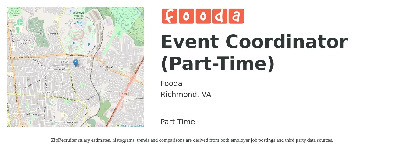 Fooda job posting for a Event Coordinator (Part-Time) in Richmond, VA with a salary of $20 to $28 Hourly with a map of Richmond location.