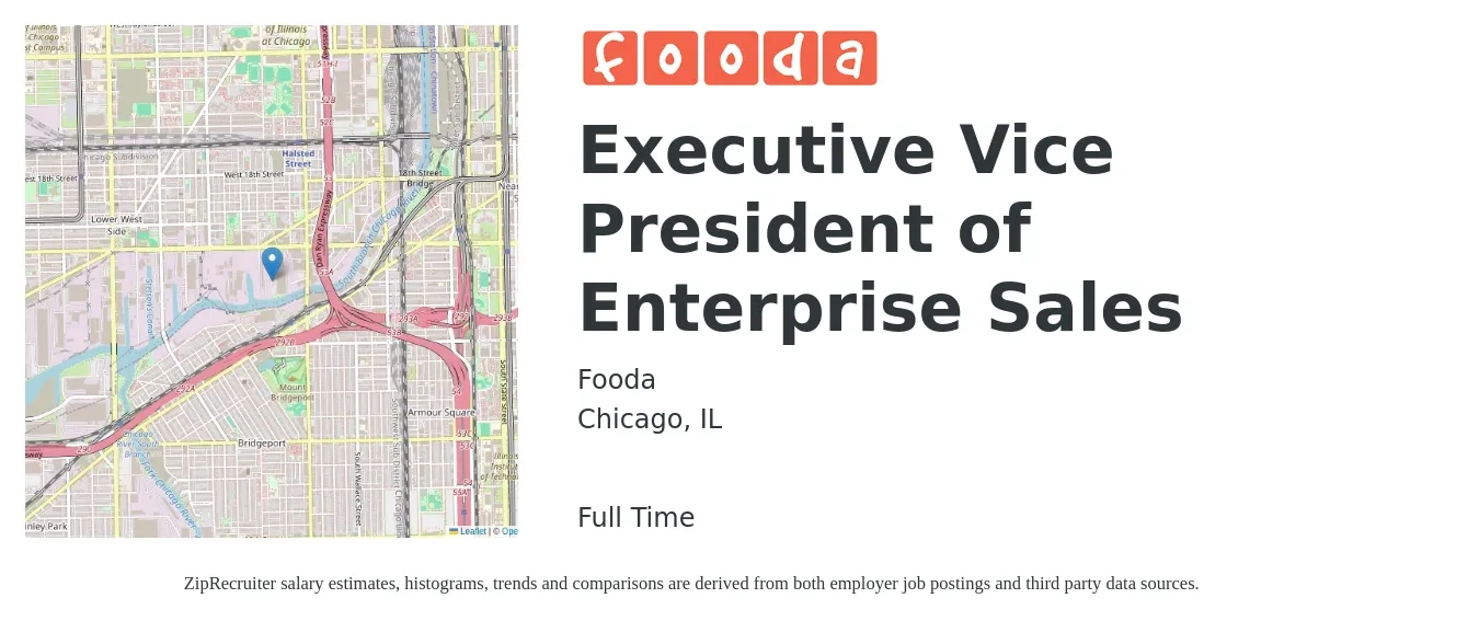 Fooda job posting for a Executive Vice President of Enterprise Sales in Chicago, IL with a salary of $123,100 to $232,800 Yearly with a map of Chicago location.