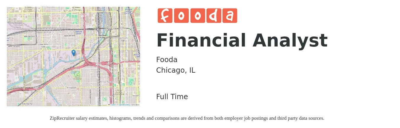 Fooda job posting for a Financial Analyst in Chicago, IL with a salary of $72,100 to $113,800 Yearly with a map of Chicago location.