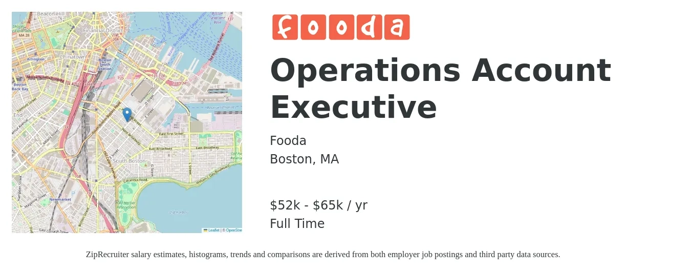 Fooda job posting for a Operations Account Executive in Boston, MA with a salary of $52,000 to $65,000 Yearly with a map of Boston location.