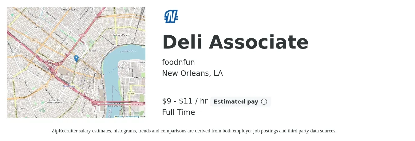 foodnfun job posting for a Deli Associate in New Orleans, LA with a salary of $10 to $12 Hourly with a map of New Orleans location.