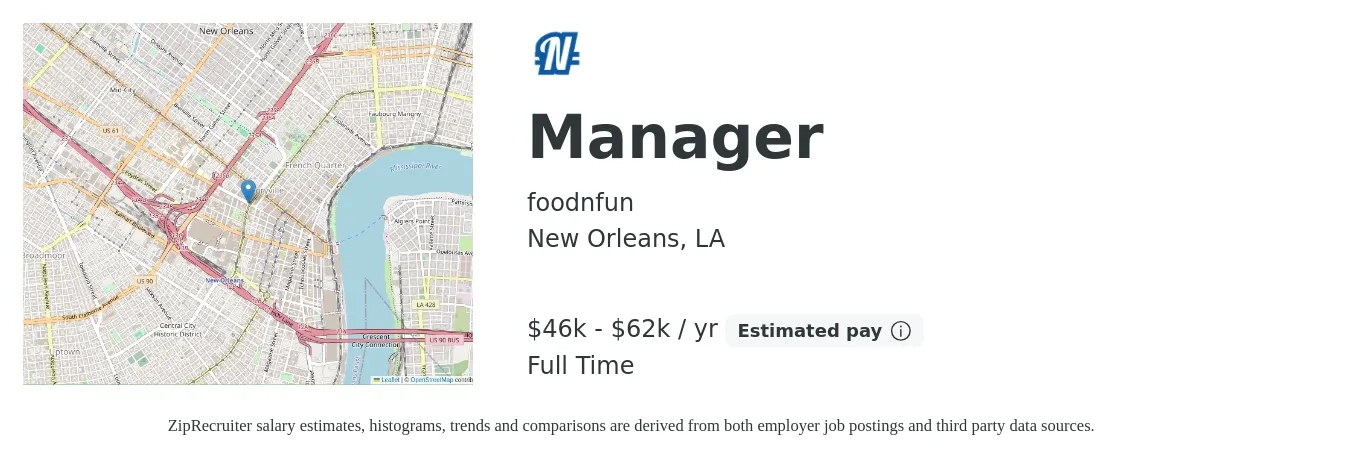 foodnfun job posting for a Manager in New Orleans, LA with a salary of $46,800 to $62,400 Yearly with a map of New Orleans location.