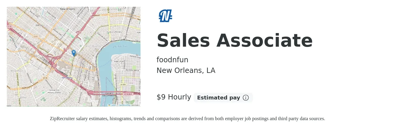 foodnfun job posting for a Sales Associate in New Orleans, LA with a salary of $10 Hourly with a map of New Orleans location.
