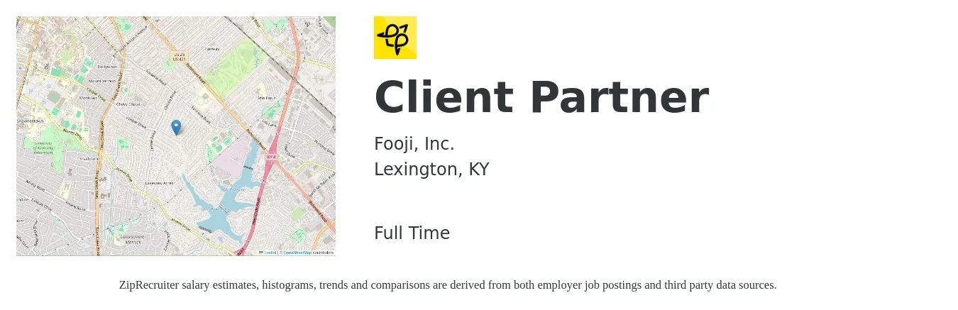 Fooji, Inc. job posting for a Client Partner in Lexington, KY with a salary of $19 to $58 Hourly with a map of Lexington location.