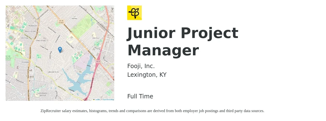Fooji, Inc. job posting for a Junior Project Manager in Lexington, KY with a salary of $53,700 to $83,500 Yearly with a map of Lexington location.