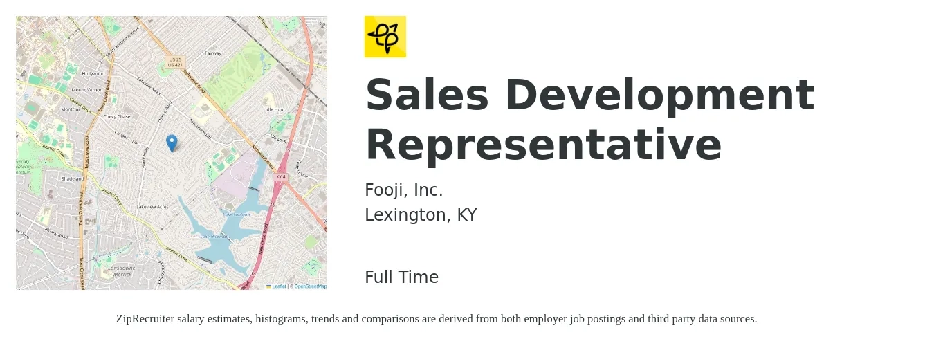 Fooji, Inc. job posting for a Sales Development Representative in Lexington, KY with a salary of $36,700 to $53,300 Yearly with a map of Lexington location.