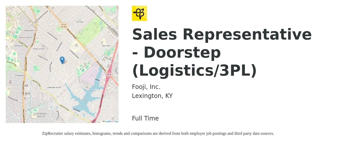 Fooji, Inc. job posting for a Sales Representative - Doorstep (Logistics/3PL) in Lexington, KY with a salary of $53,200 to $92,400 Yearly with a map of Lexington location.