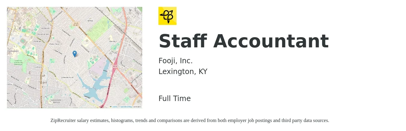 Fooji, Inc. job posting for a Staff Accountant in Lexington, KY with a salary of $54,700 to $72,100 Yearly with a map of Lexington location.