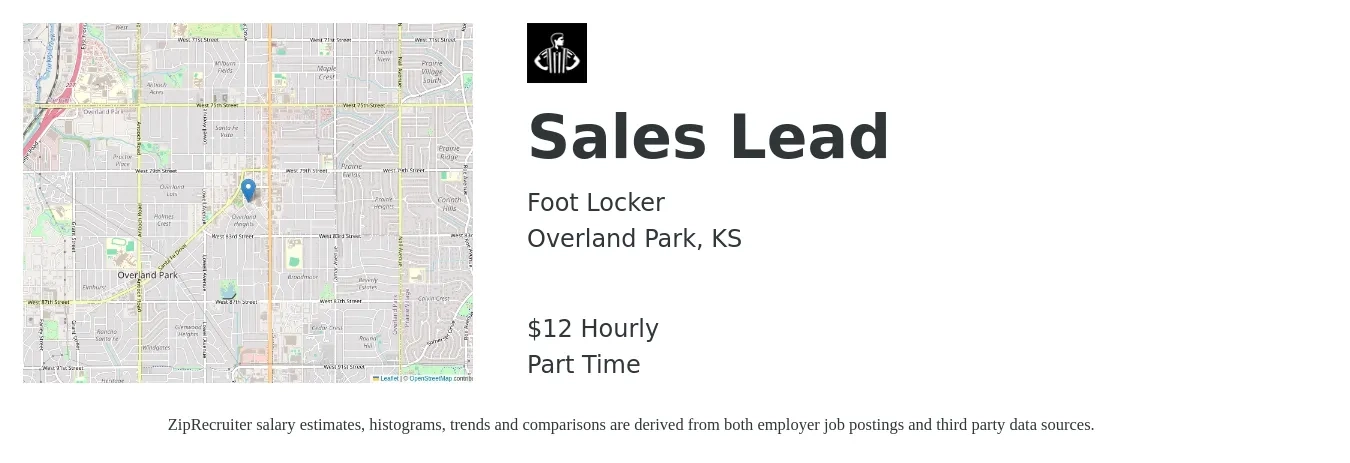 Foot Locker job posting for a Sales Lead in Overland Park, KS with a salary of $13 Hourly with a map of Overland Park location.