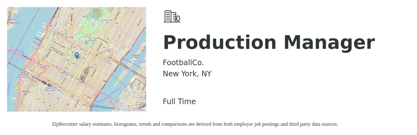 FootballCo. job posting for a Production Manager in New York, NY with a salary of $61,300 to $88,100 Yearly with a map of New York location.