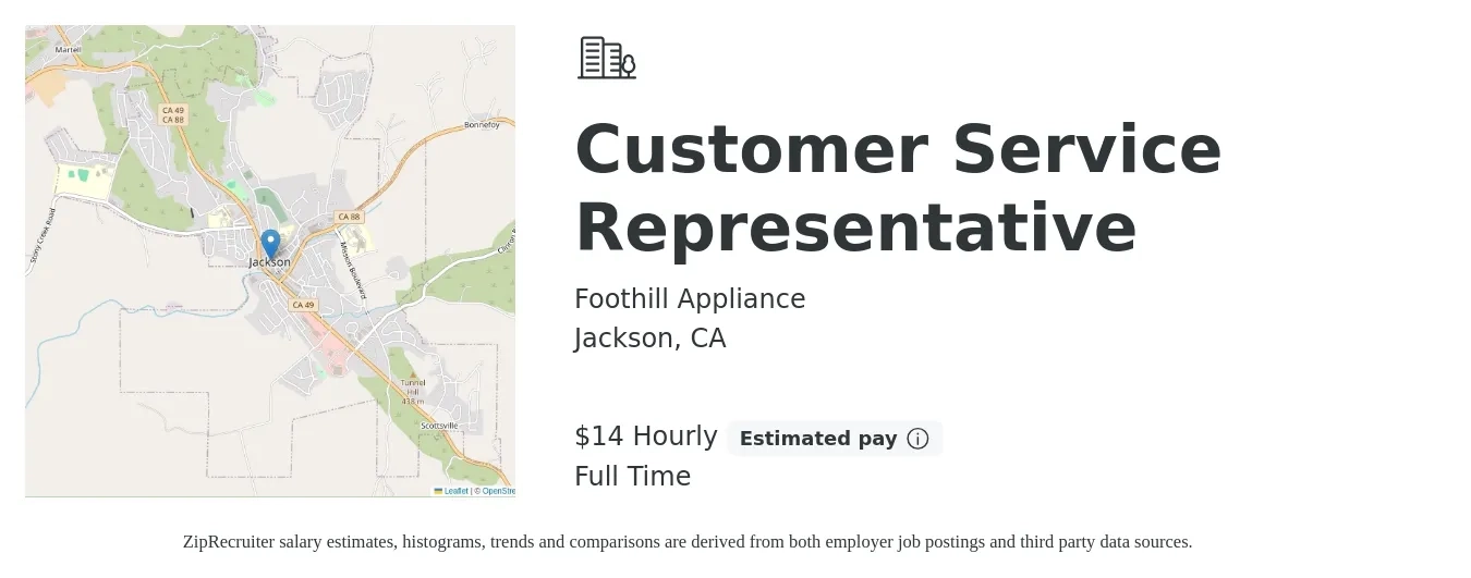 Foothill Appliance job posting for a Customer Service Representative in Jackson, CA with a salary of $15 Hourly with a map of Jackson location.