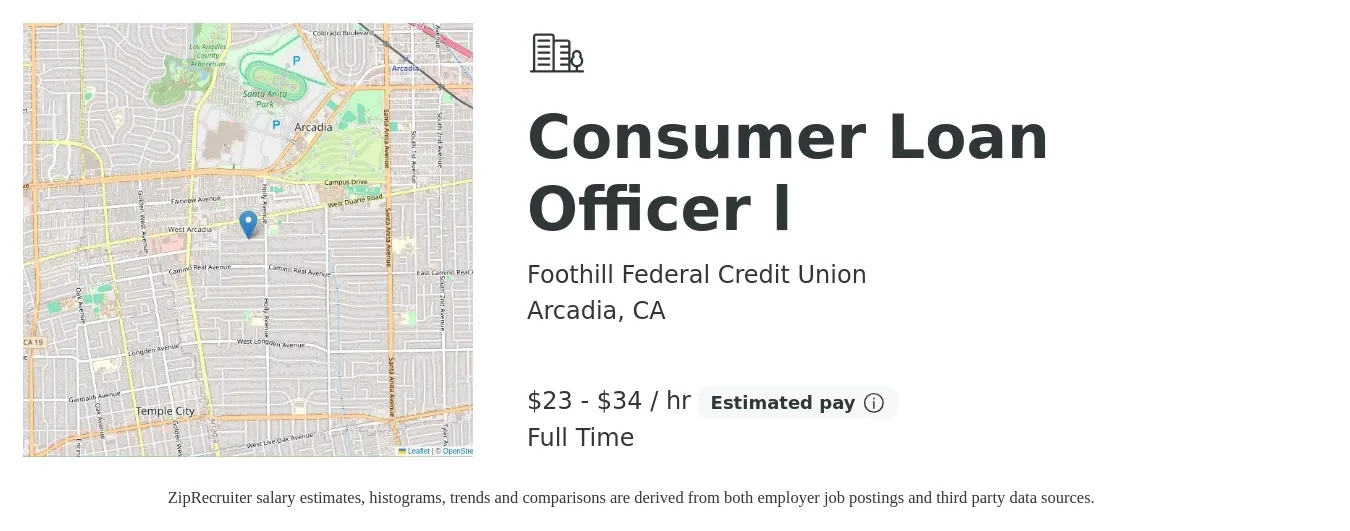 Foothill Federal Credit Union job posting for a Consumer Loan Officer l in Arcadia, CA with a salary of $24 to $36 Hourly with a map of Arcadia location.