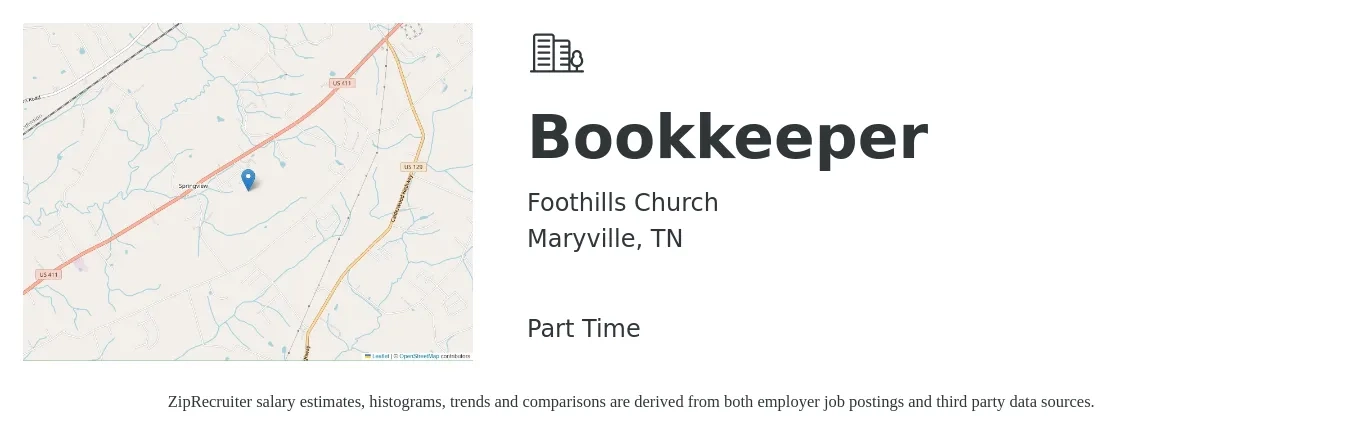 Foothills Church job posting for a Bookkeeper in Maryville, TN with a salary of $17 to $24 Hourly with a map of Maryville location.