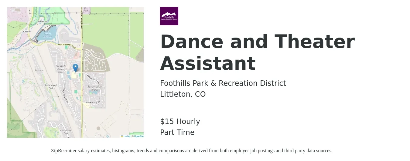 Foothills Park & Recreation District job posting for a Dance and Theater Assistant in Littleton, CO with a salary of $16 Hourly with a map of Littleton location.