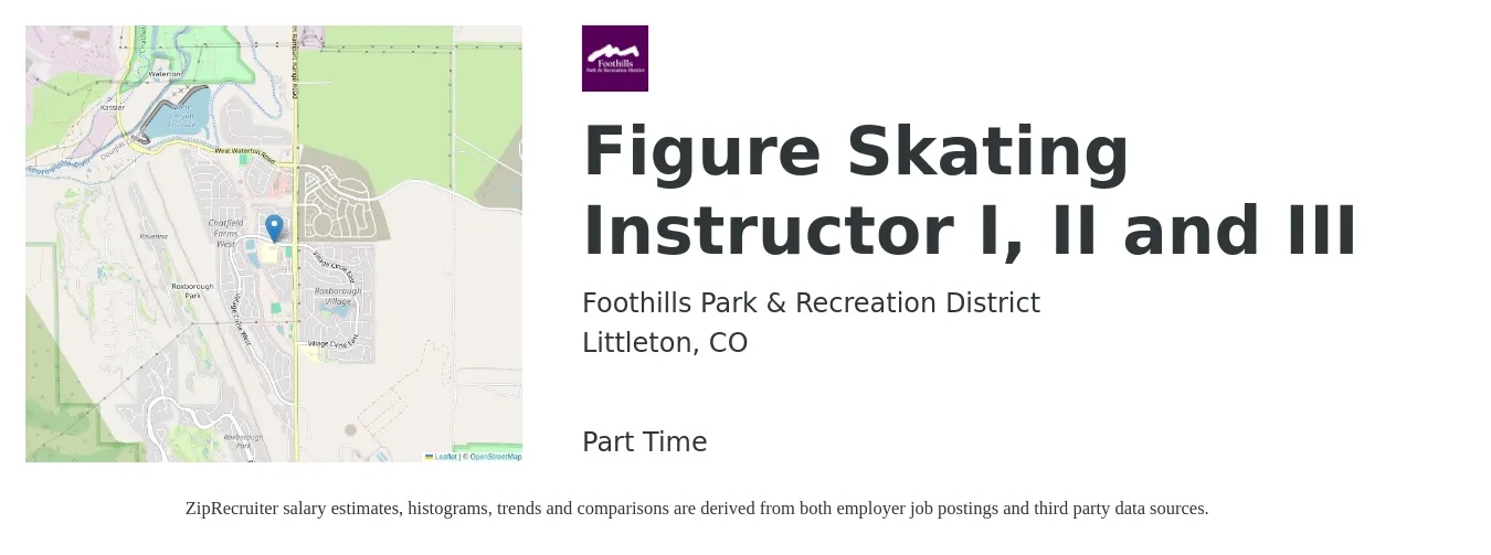 Foothills Park & Recreation District job posting for a Figure Skating Instructor I, II and III in Littleton, CO with a salary of $17 to $25 Hourly with a map of Littleton location.