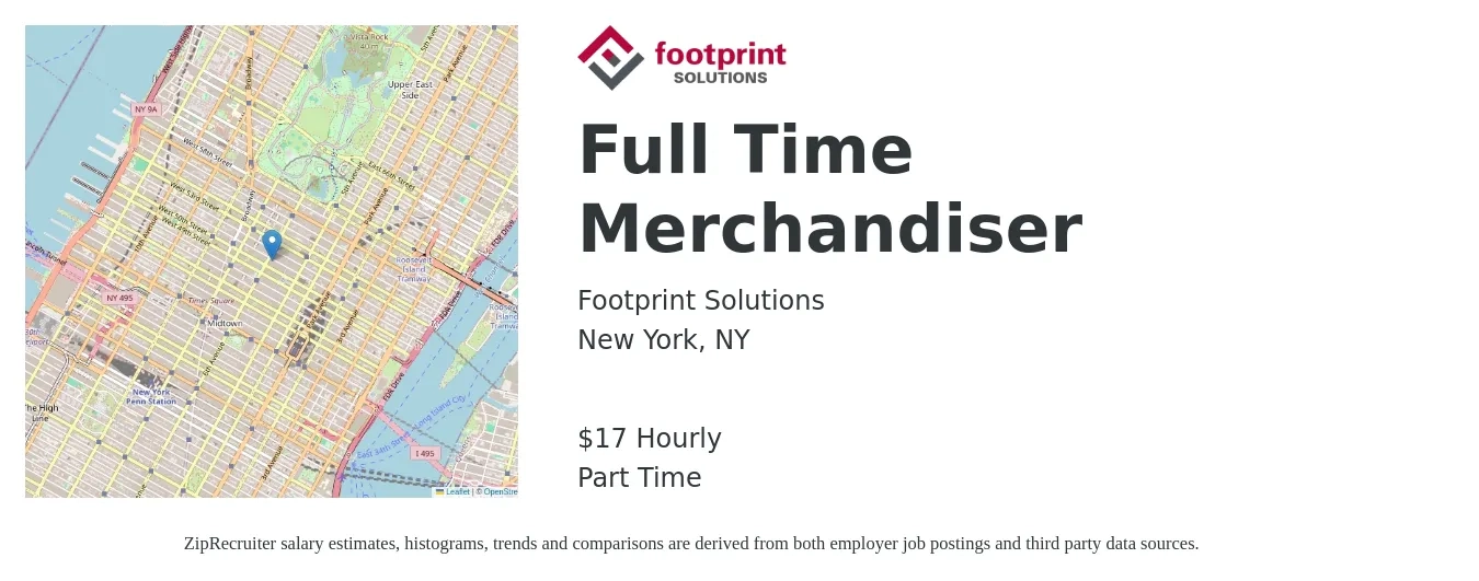 Footprint Solutions job posting for a Full Time Merchandiser in New York, NY with a salary of $18 Hourly with a map of New York location.