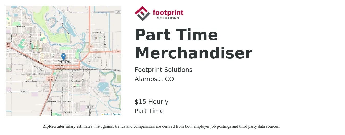 Footprint Solutions job posting for a Part Time Merchandiser in Alamosa, CO with a salary of $15 to $18 Hourly with a map of Alamosa location.