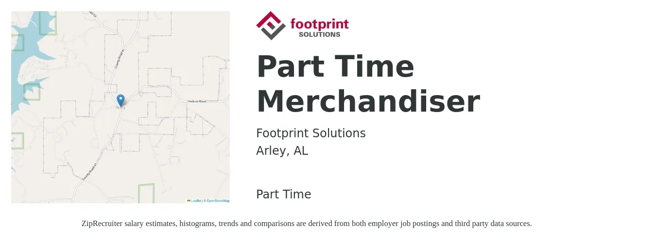Footprint Solutions job posting for a Part Time Merchandiser in Arley, AL with a salary of $15 to $17 Hourly with a map of Arley location.