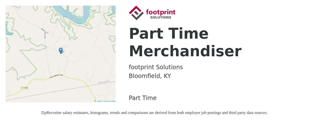 Footprint Solutions job posting for a Part Time Merchandiser in Bloomfield, KY with a salary of $15 to $18 Hourly with a map of Bloomfield location.