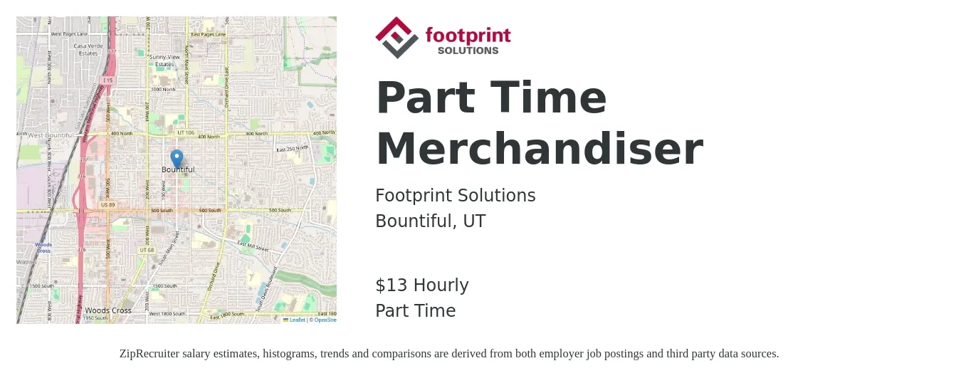 Footprint Solutions job posting for a Part Time Merchandiser in Bountiful, UT with a salary of $14 Hourly with a map of Bountiful location.