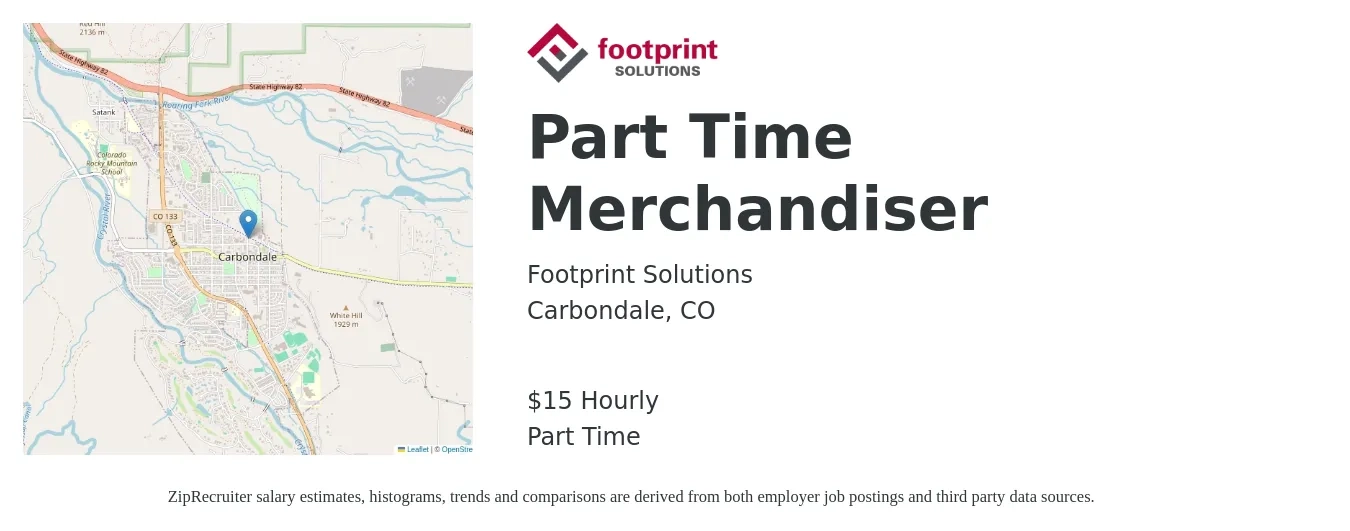 Footprint Solutions job posting for a Part Time Merchandiser in Carbondale, CO with a salary of $16 Hourly with a map of Carbondale location.