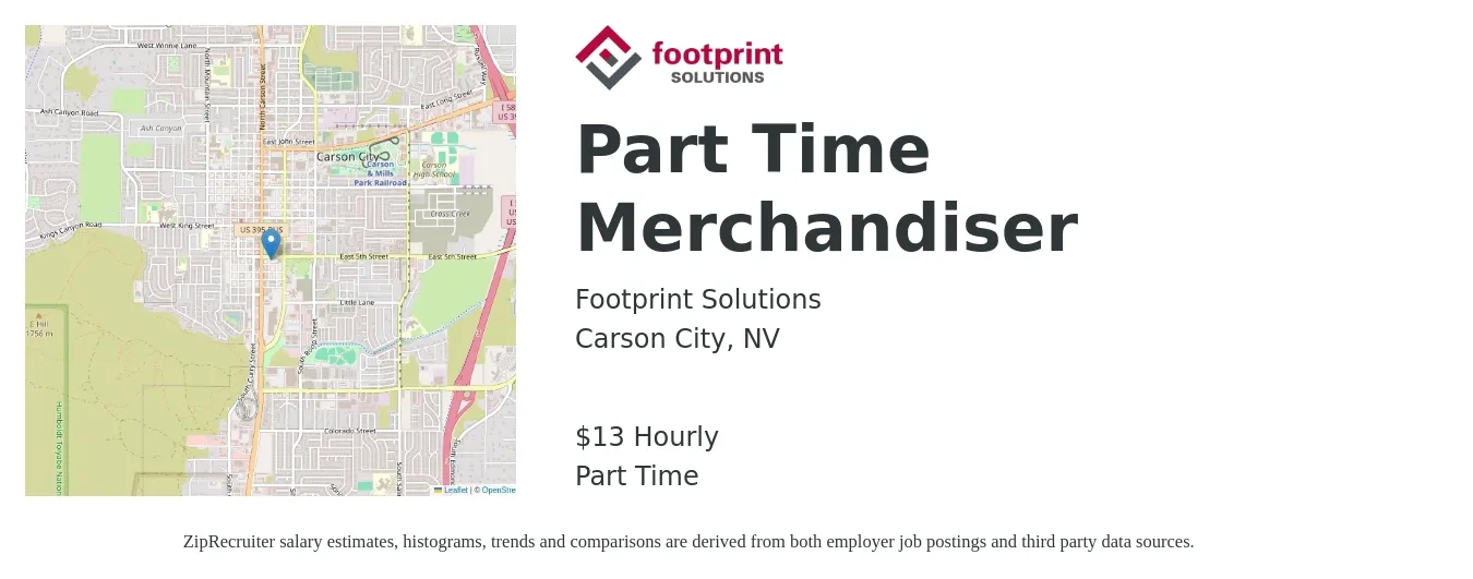 footprint Solutions job posting for a Part Time Merchandiser in Carson City, NV with a salary of $14 Hourly with a map of Carson City location.
