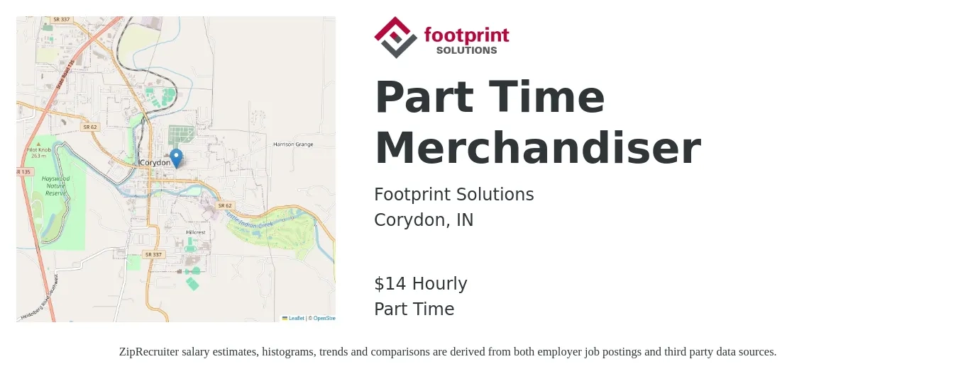 Footprint Solutions job posting for a Part Time Merchandiser in Corydon, IN with a salary of $15 Hourly with a map of Corydon location.