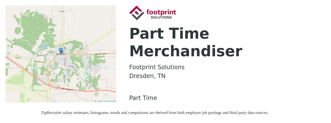 footprint Solutions job posting for a Part Time Merchandiser in Dresden, TN with a salary of $14 to $17 Hourly with a map of Dresden location.