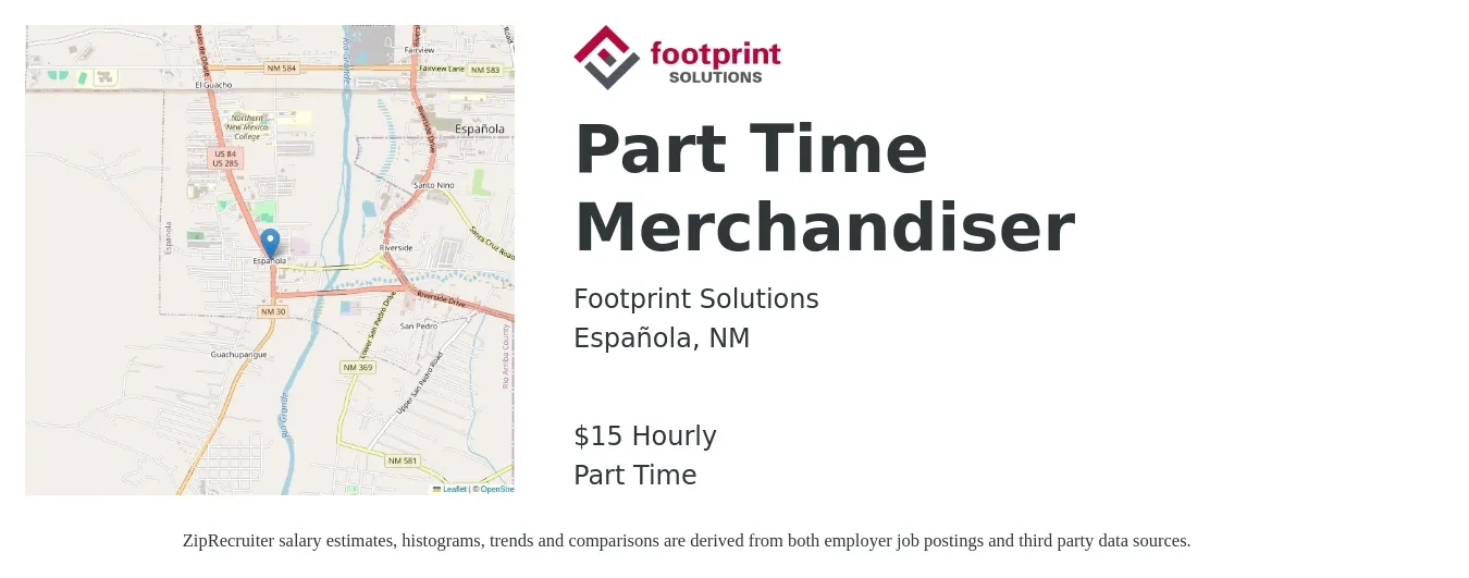 Footprint Solutions job posting for a Part Time Merchandiser in Española, NM with a salary of $16 Hourly with a map of Española location.