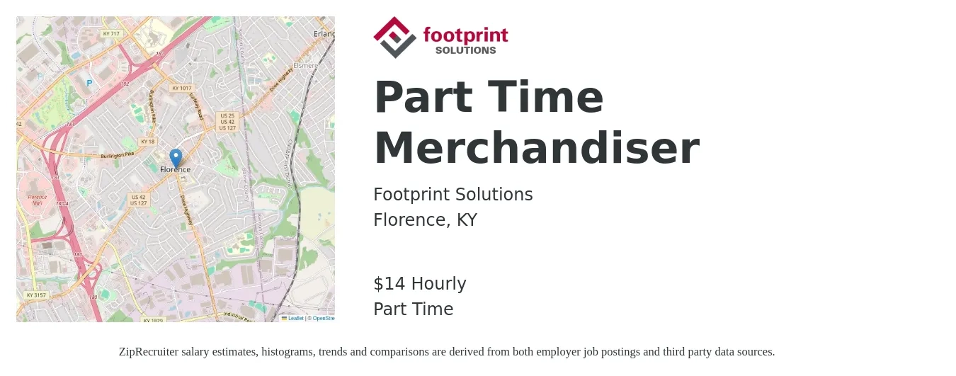 Footprint Solutions job posting for a Part Time Merchandiser in Florence, KY with a salary of $15 Hourly with a map of Florence location.