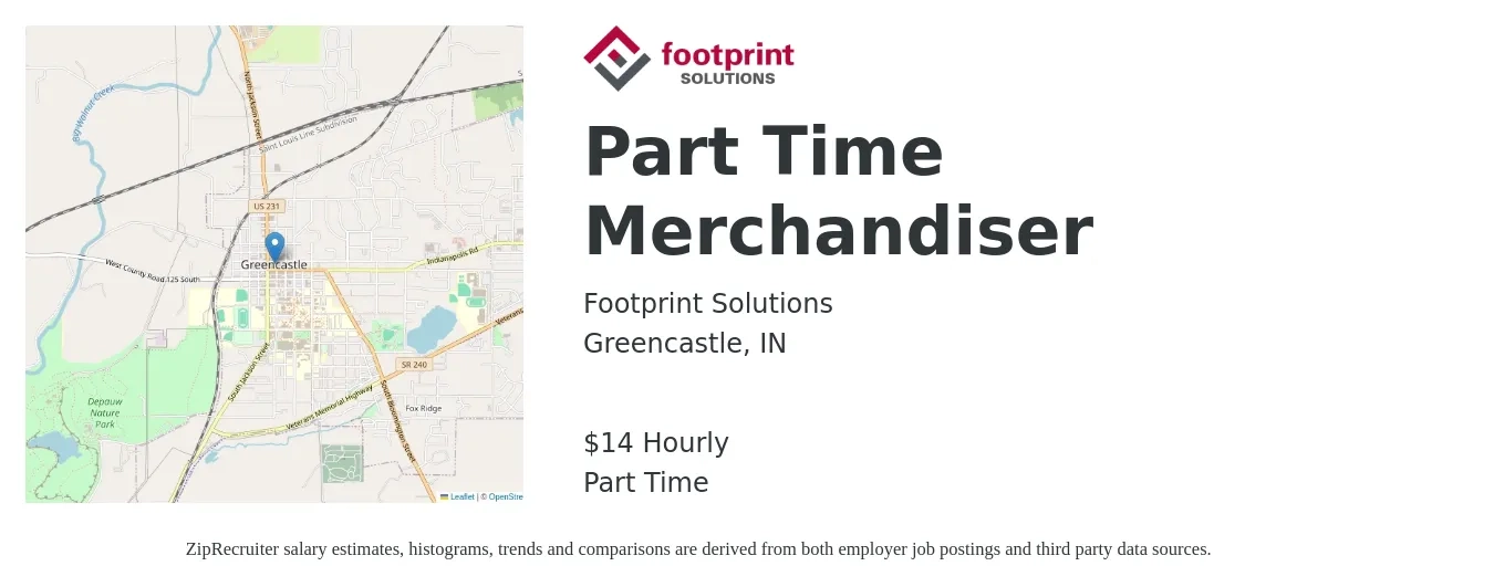 footprint Solutions job posting for a Part Time Merchandiser in Greencastle, IN with a salary of $15 Hourly with a map of Greencastle location.