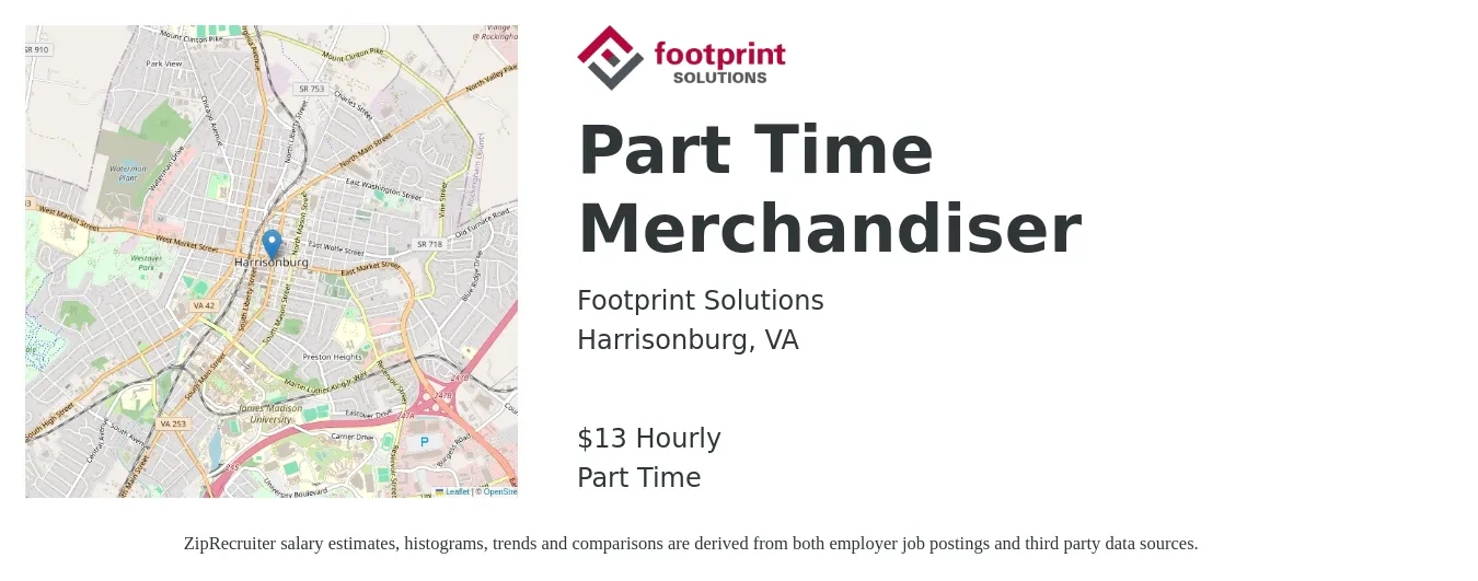 footprint Solutions job posting for a Part Time Merchandiser in Harrisonburg, VA with a salary of $14 Hourly with a map of Harrisonburg location.