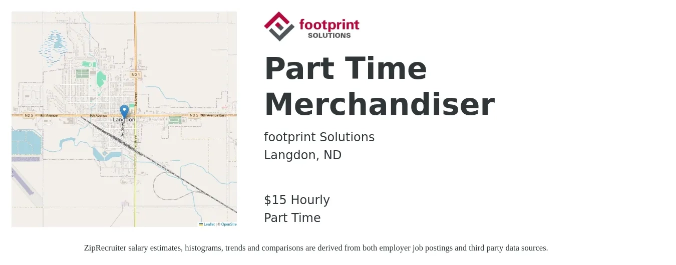 Footprint Solutions job posting for a Part Time Merchandiser in Langdon, ND with a salary of $16 Hourly with a map of Langdon location.