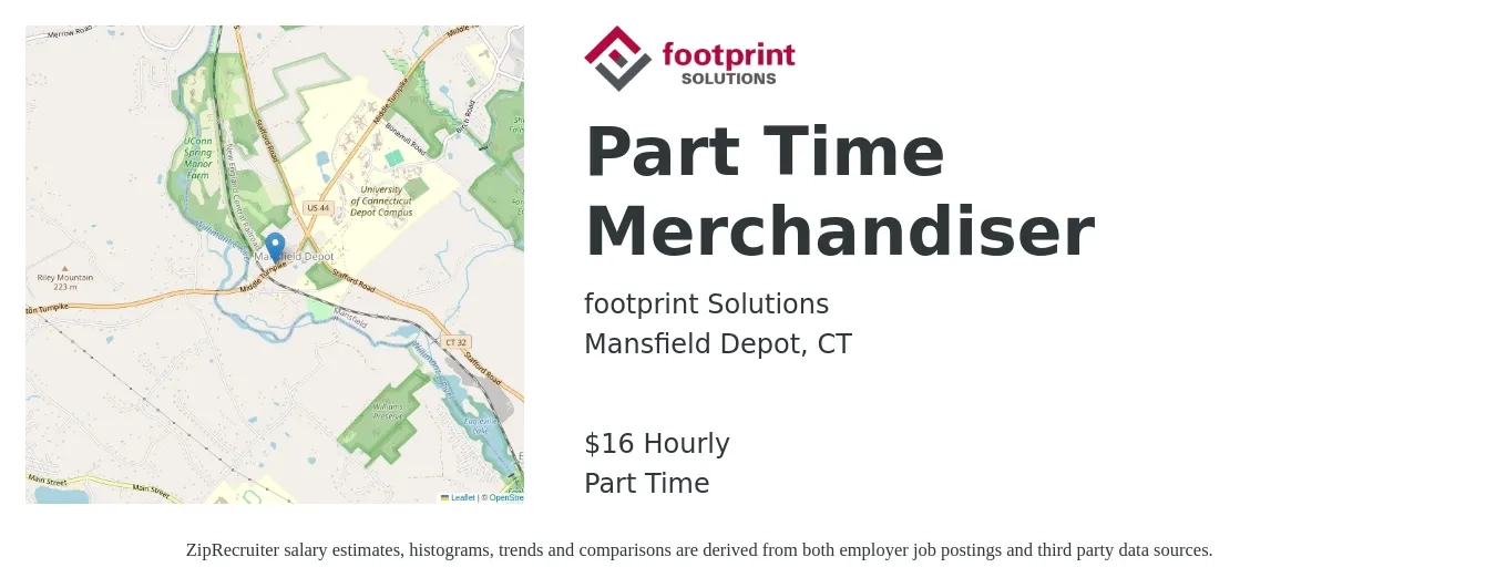 Footprint Solutions job posting for a Part Time Merchandiser in Mansfield Depot, CT with a salary of $17 Hourly with a map of Mansfield Depot location.