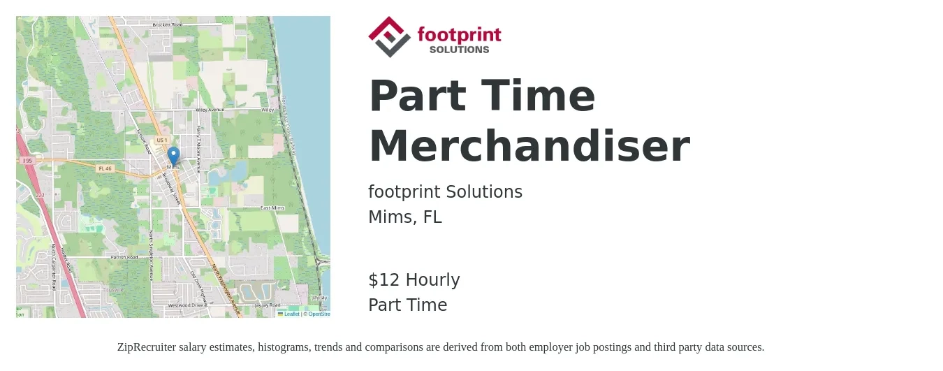 Footprint Solutions job posting for a Part Time Merchandiser in Mims, FL with a salary of $13 Hourly with a map of Mims location.