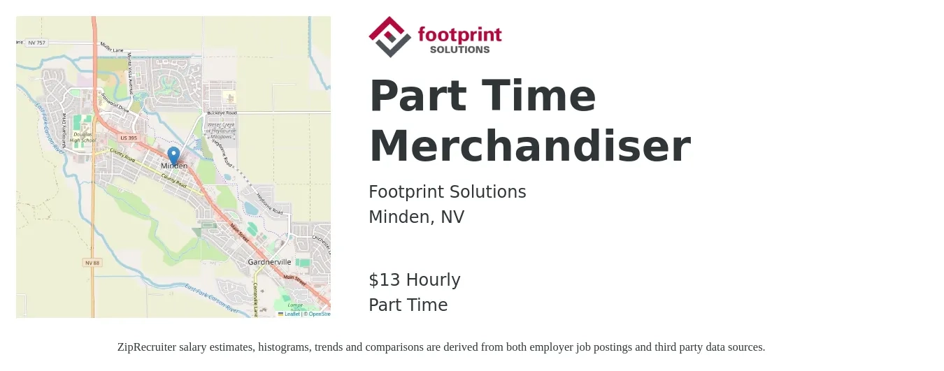 Footprint Solutions job posting for a Part Time Merchandiser in Minden, NV with a salary of $14 Hourly with a map of Minden location.