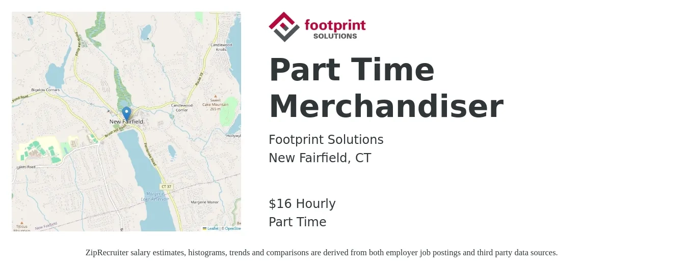 Footprint Solutions job posting for a Part Time Merchandiser in New Fairfield, CT with a salary of $17 Hourly with a map of New Fairfield location.