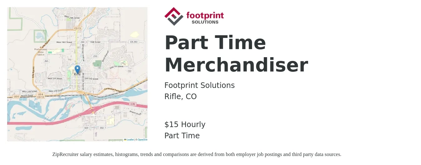 footprint Solutions job posting for a Part Time Merchandiser in Rifle, CO with a salary of $16 Hourly with a map of Rifle location.