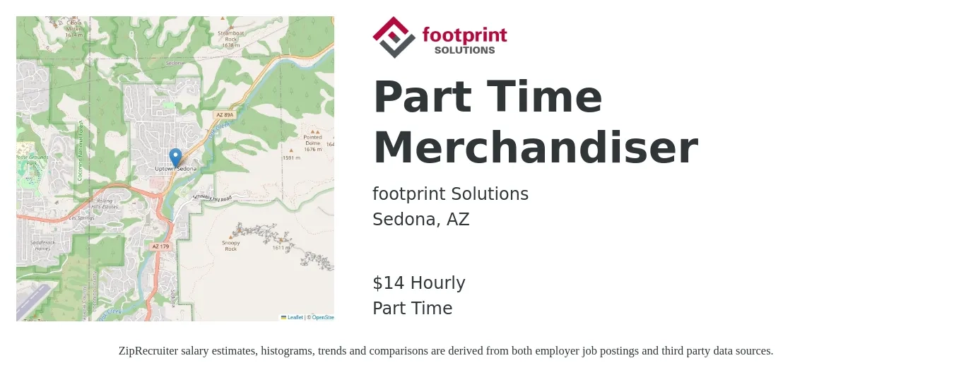 footprint Solutions job posting for a Part Time Merchandiser in Sedona, AZ with a salary of $15 Hourly with a map of Sedona location.