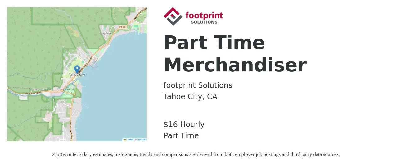 footprint Solutions job posting for a Part Time Merchandiser in Tahoe City, CA with a salary of $17 Hourly with a map of Tahoe City location.