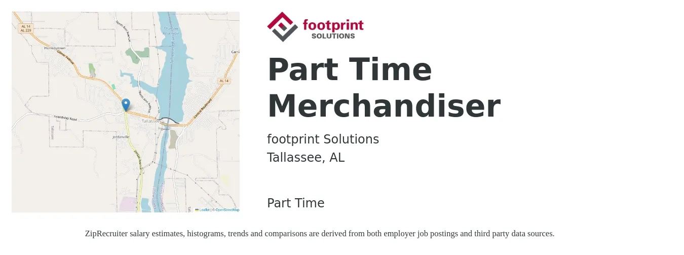 Footprint Solutions job posting for a Part Time Merchandiser in Tallassee, AL with a salary of $13 Hourly with a map of Tallassee location.