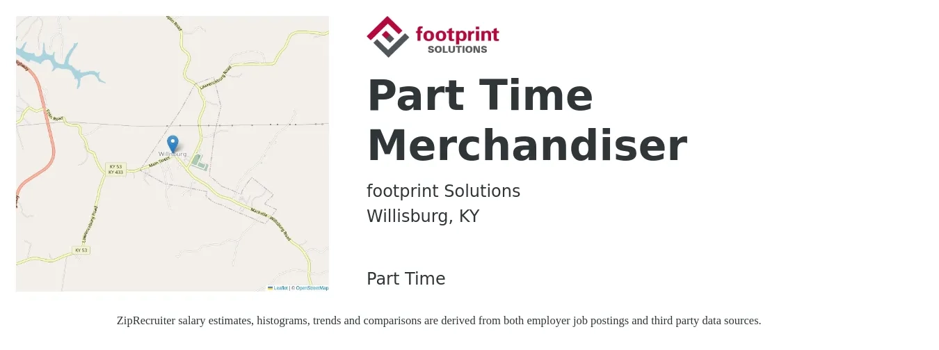 Footprint Solutions job posting for a Part Time Merchandiser in Willisburg, KY with a salary of $14 to $16 Hourly with a map of Willisburg location.