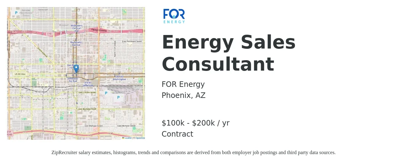 FOR Energy job posting for a Energy Sales Consultant in Phoenix, AZ with a salary of $100,000 to $200,000 Yearly with a map of Phoenix location.