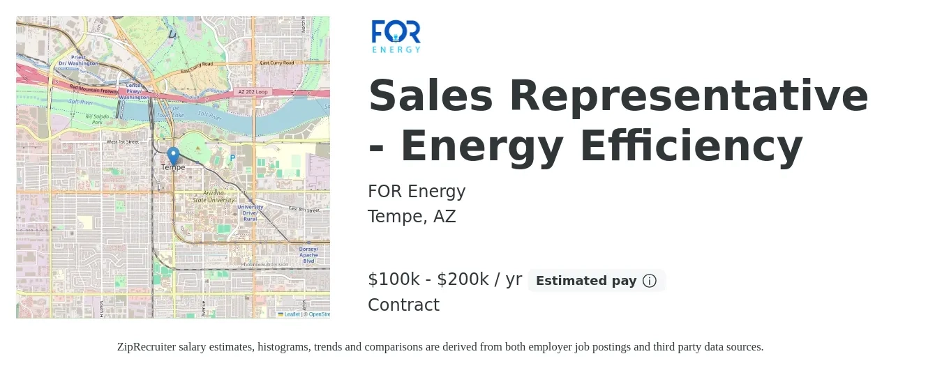 FOR Energy job posting for a Sales Representative - Energy Efficiency in Tempe, AZ with a salary of $100,000 to $200,000 Yearly (plus commission) with a map of Tempe location.