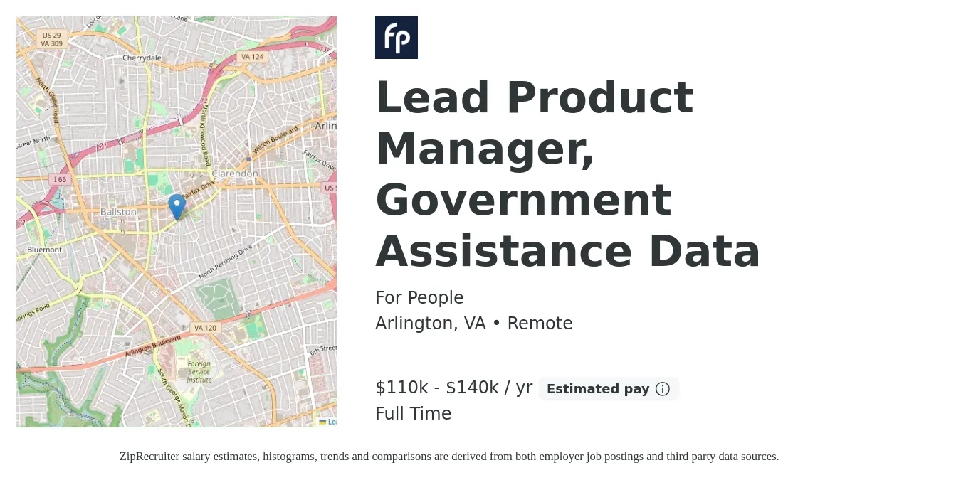For People job posting for a Lead Product Manager, Government Assistance Data in Arlington, VA with a salary of $110,000 to $140,000 Yearly with a map of Arlington location.