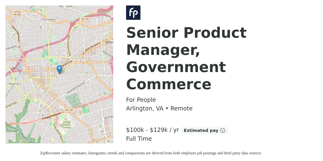 For People job posting for a Senior Product Manager, Government Commerce in Arlington, VA with a salary of $100,000 to $129,997 Yearly with a map of Arlington location.
