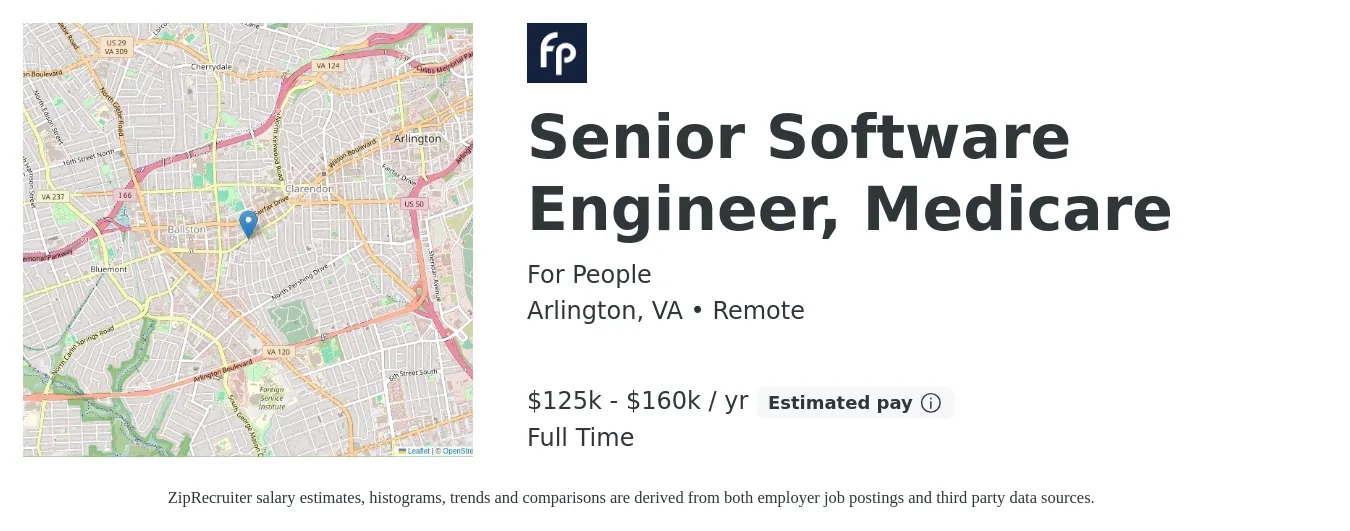 For People job posting for a Senior Software Engineer, Medicare in Arlington, VA with a salary of $125,000 to $160,000 Yearly with a map of Arlington location.
