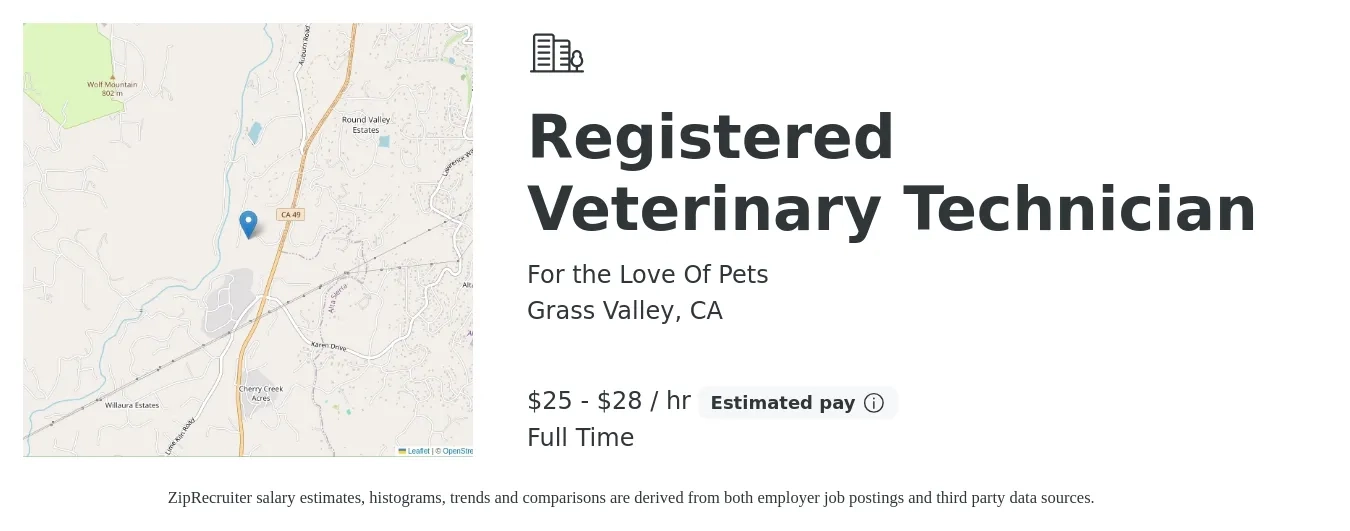 For the Love Of Pets job posting for a Registered Veterinary Technician in Grass Valley, CA with a salary of $27 to $30 Hourly with a map of Grass Valley location.