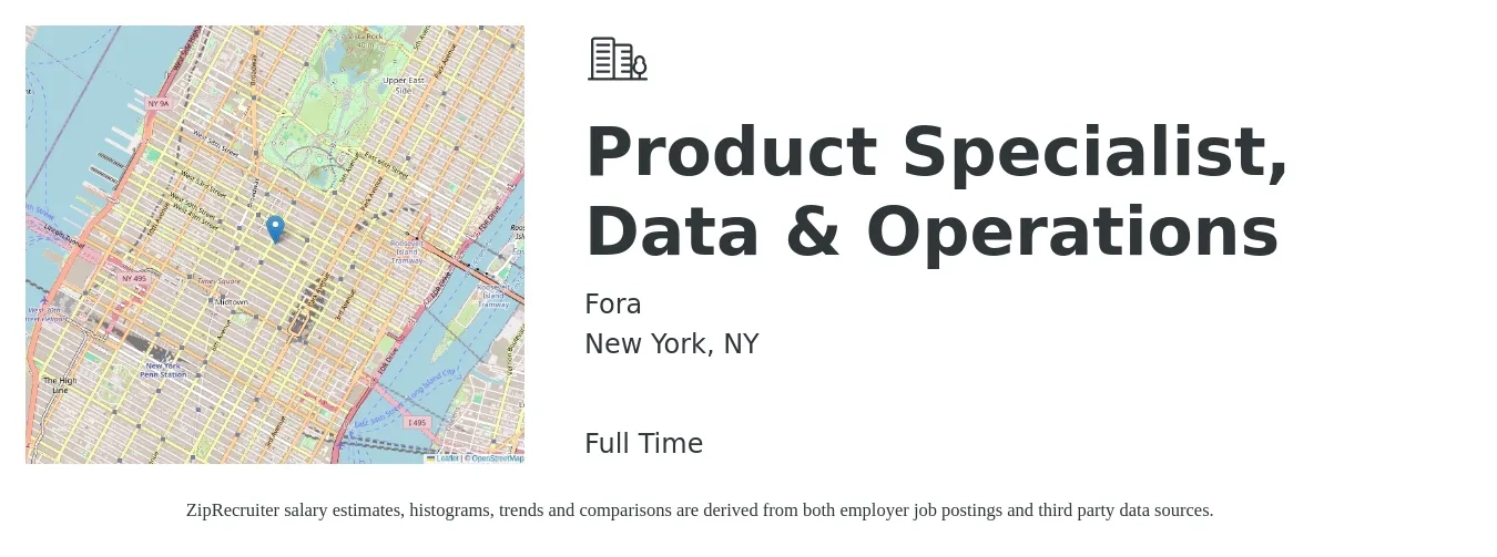Fora job posting for a Product Specialist, Data & Operations in New York, NY with a salary of $65 Hourly with a map of New York location.